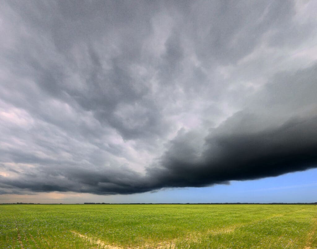Onweer boven een vlasveld