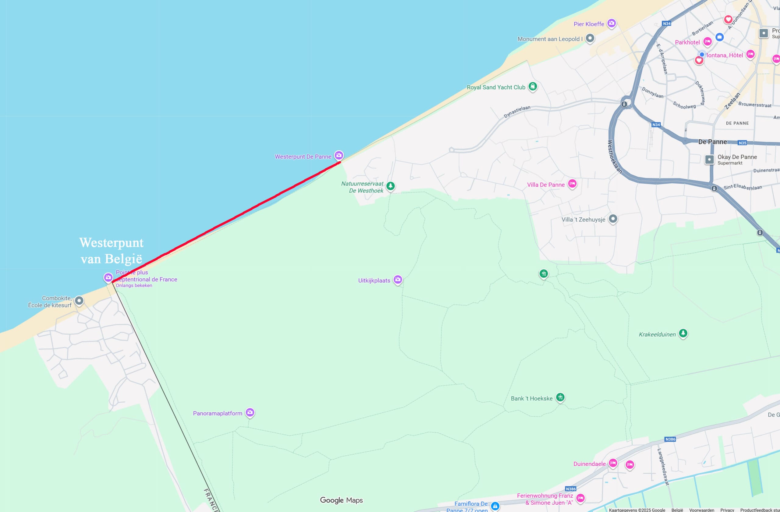Carte montrant la différence entre le Westerpunt belge et le monument "Westerpunt" de La Panne.