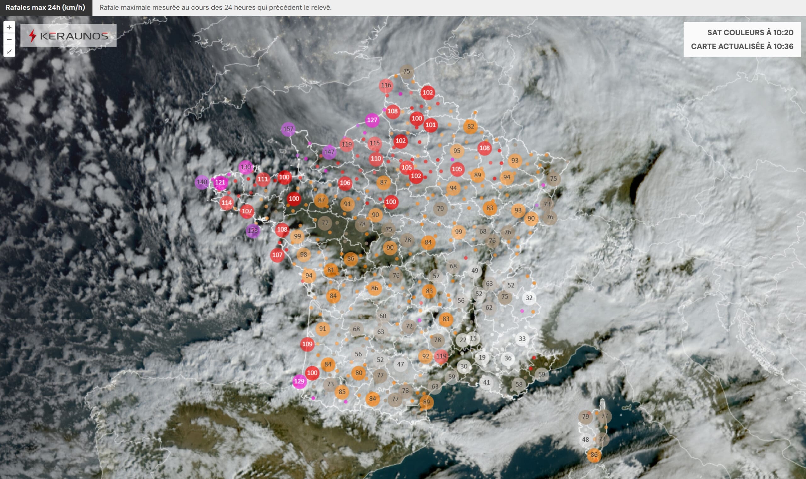 Keraunos.org : Hoogst gemeten windstoten tijdens de Goretti storm op 8/9 januari 2026